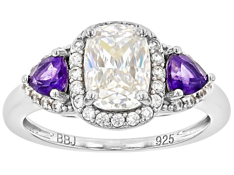 Strontium Titanate And African Amethyst And White Zircon Rhodium Over Silver Ring 2.59ctw