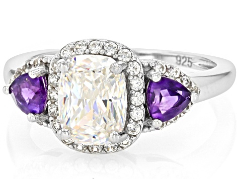 Strontium Titanate And African Amethyst And White Zircon Rhodium Over Silver Ring 2.59ctw