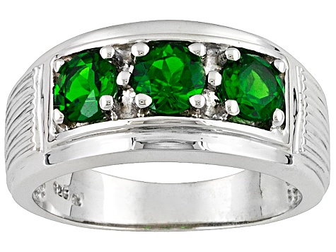 Round Green Chrome Diopside Rhodium Over Sterling Silver Gent's Ring 1.35ctw