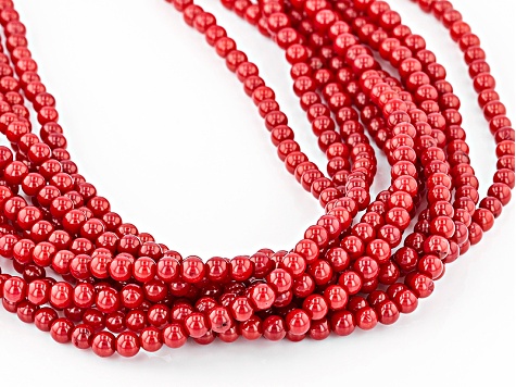 Red Coral Bead Silver Ten-Strand Necklace 3.5mm
