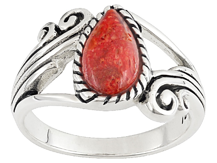 Red Sponge Coral Silver Solitaire Ring 10x5mm