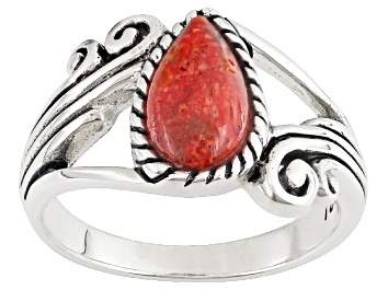 Picture of Red Sponge Coral Silver Solitaire Ring 10x5mm