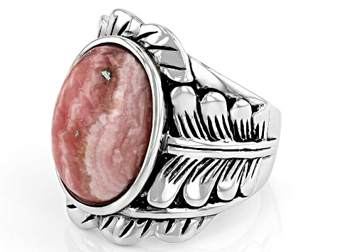 Pink Rhodochrosite Rhodium Over Sterling Silver Ring