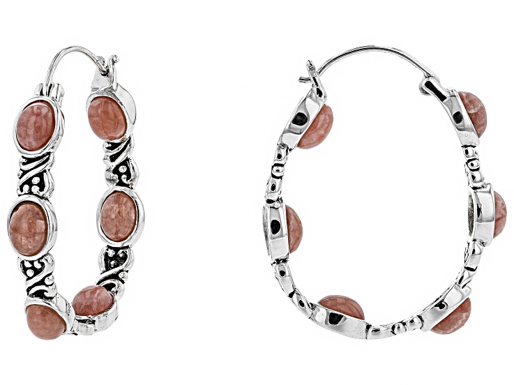 Oval Cabochon Rhodochrosite Sterling Silver Hoop Earrings 7x5mm