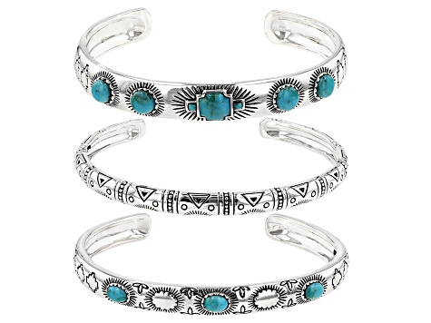 Blue Composite Turquoise Sterling Silver Cuff Bracelet Set of 3