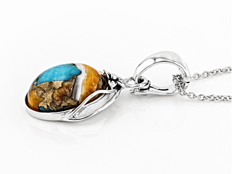 Kingman Turquoise/Spiny Oyster Shell Rhodium Over Silver Enhancer W/ Chain
