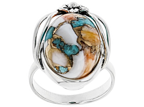 Kingman Turquoise/Spiny Oyster Shell Rhodium Over Silver Ring