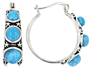 Turquoise Kingman Rhodium Over Silver Hoop Earrings.