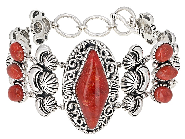 Red Sponge Coral Rhodium Over Silver Bracelet