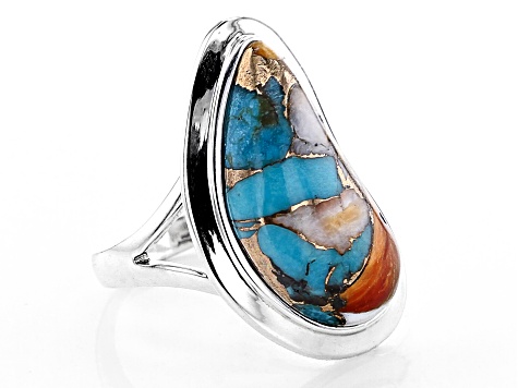Turquoise And Spiny Oyster Shell Blend Rhodium Over Silver Ring