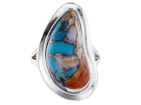 Turquoise And Spiny Oyster Shell Blend Rhodium Over Silver Ring