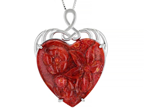 Red Sponge Coral Rhodium Over Silver Pendant With Chain