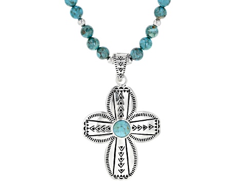 Round Turquoise Rhodium Over Silver Cross Enhancer and Bead Necklace