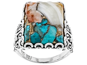 Picture of Kingman Turquoise Blended With Spiny Oyster Shell Rhodium Over Silver Ring