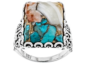 Kingman Turquoise Blended With Spiny Oyster Shell Rhodium Over Silver Ring 18x13mm