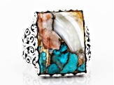 Kingman Turquoise Blended With Spiny Oyster Shell Rhodium Over Silver Ring