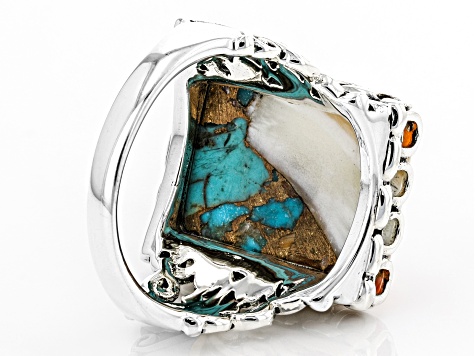 Kingman Turquoise Blended With Spiny Oyster Shell Rhodium Over Silver Ring