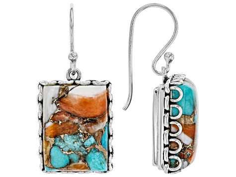 Kingman Turquoise Blended With Spiny Oyster Shell Rhodium Over Silver Earrings