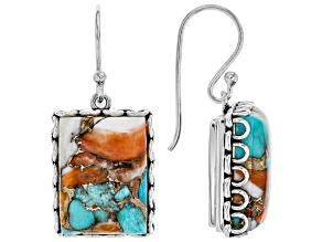 Kingman Turquoise Blended W/Spiny Oyster Shell Rhodium Over Silver Earrings