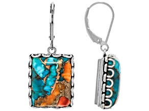 Kingman Turquoise Blended With Spiny Oyster Shell Rhodium Over Silver Earrings 16x12mm