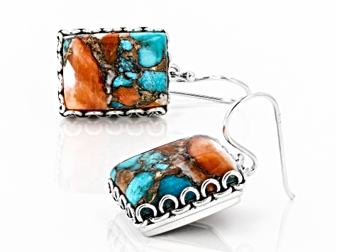 Kingman Turquoise Blended With Spiny Oyster Shell Rhodium Over Silver Earrings