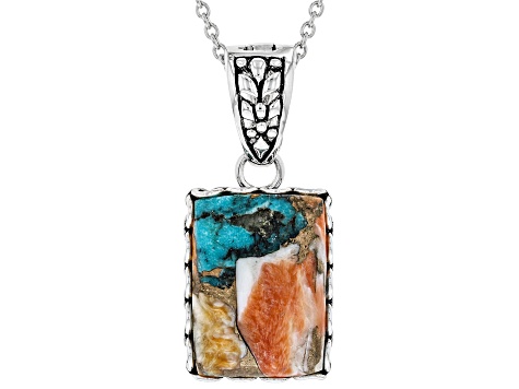 Kingman Turquoise Blended With Spiny Oyster Shell Rhodium Over Silver Enhancer W/ Chain