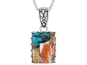 Kingman Turquoise Blended W/ Spiny Oyster Shell Rhodium Over Silver Enhancer With 18" Chain 18x13mm