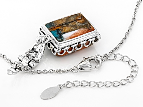 Kingman Turquoise Blended With Spiny Oyster Shell Rhodium Over Silver Enhancer W/ Chain