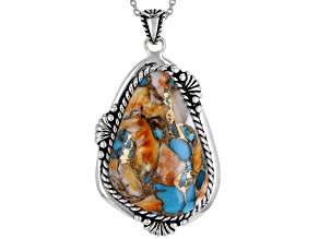 Kingman Turquoise With Spiny Oyster Shell Rhodium Over Silver Pendant W/ 18" Cable Chain 30x20mm