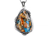 Kingman Turquoise With Spiny Oyster Shell Rhodium Over Silver Pendant W/ 18" Cable Chain 30x20mm
