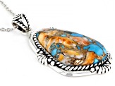 Kingman Turquoise With Spiny Oyster Shell Rhodium Over Silver Pendant W/ 18" Cable Chain 30x20mm