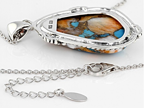 Kingman Turquoise With Spiny Oyster Shell Rhodium Over Silver Pendant W/ 18" Cable Chain 30x20mm