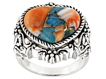 Picture of Blended Kingman Turquoise And Spiny Oyster Shell Rhodium Over Silver Ring