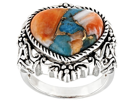 Blended Kingman Turquoise And Spiny Oyster Shell Rhodium Over Silver Ring