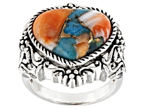 Blended Kingman Turquoise And Spiny Oyster Shell Rhodium Over Silver Ring 16x14mm