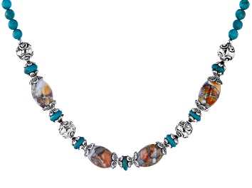 Picture of Spiny Oyster Shell And Turquoise Rhodium Over Silver Bead Necklace