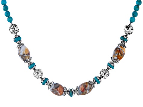 Spiny Oyster Shell And Turquoise Rhodium Over Silver Bead Necklace