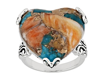 Picture of Blended Kingman Turquoise And Spiny Oyster Shell Rhodium Over Sterling Silver Solitaire Ring