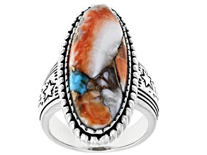 Blended Turquoise And Spiny Oyster Shell Rhodium Over Silver Solitaire Ring