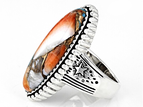 Blended Turquoise And Spiny Oyster Shell Rhodium Over Silver Solitaire Ring