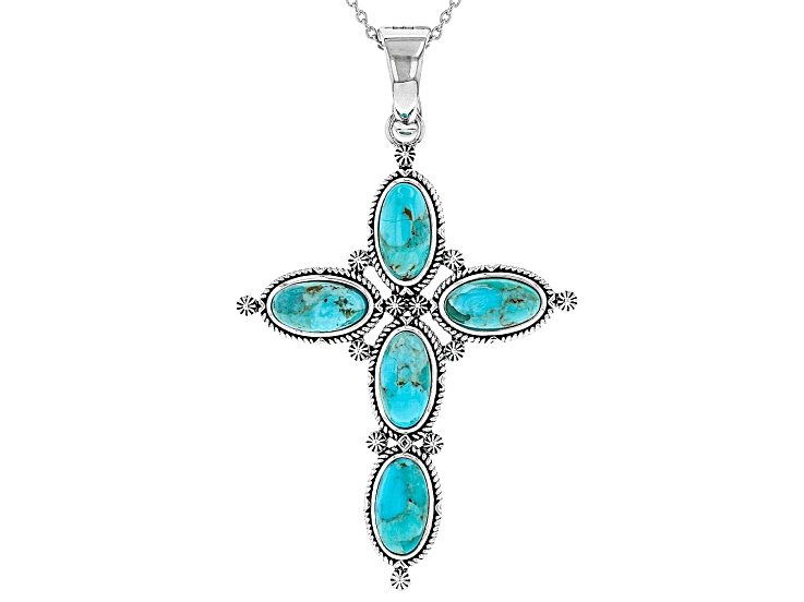 Turquoise Rhodium Over Silver Cross Enhancer With 18