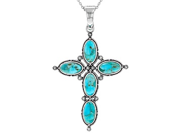 Picture of Turquoise Rhodium Over Silver Cross Enhancer With 18" Chain