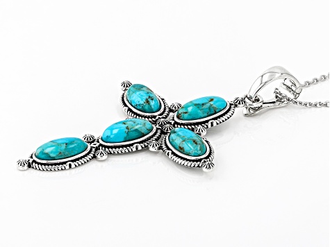 Turquoise Rhodium Over Silver Cross Enhancer With 18" Chain