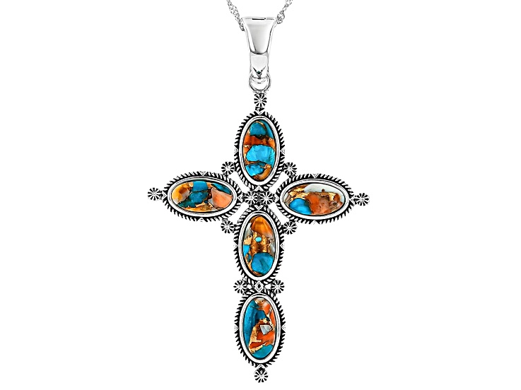 Blended Spiny Oyster With Turquoise Sterling Silver Cross Enhancer With 18" Chain, 12x6mm