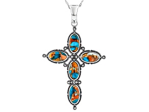 Blended Spiny Oyster With Turquoise Sterling Silver Cross Enhancer With 18" Chain, 12x6mm