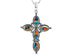 Blended Spiny Oyster With Turquoise Sterling Silver Cross Enhancer With 18" Chain, 12x6mm