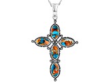 Blended Spiny Oyster With Turquoise Sterling Silver Cross Enhancer With 18" Chain, 12x6mm