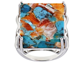 Blended Turquoise And Spiny Oyster Shell Rhodium Over Silver Ring