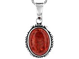 Coral Cabochon Rhodium Over Silver Enhancer With 18" Chain