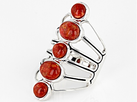 Red Coral Cabochon Rhodium Over Silver Ring